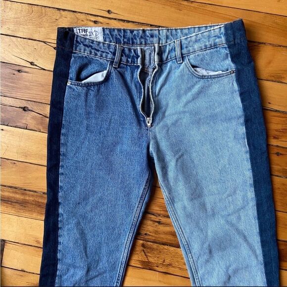 Zara Trf Patchwork Two-tone Jeans Size 6 Mid Rise Row Hem Straight Leg Like New - Picture 4 of 5